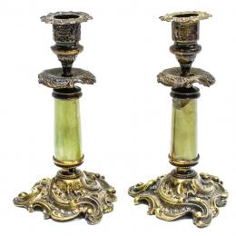1073 - PAREJA DE PALMATORIAS EN BRONCE Y ÓNICE. CIRCA 1900