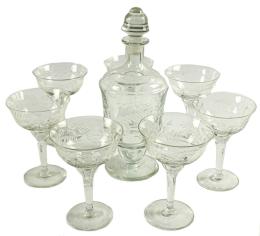 10 - BOTELLA Y SEIS COPAS EN CRISTAL DEL PRIMER TECIO S.XX