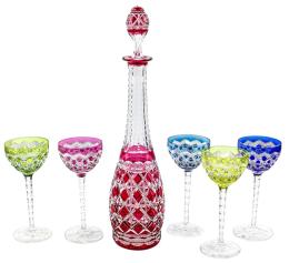 15 - CONJUNTO BOTELLA LICORERA Y CINCO COPAS COLORES