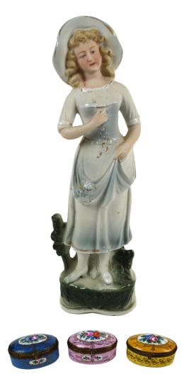 485 - TRES CAJITAS DE COLECCIÓN Y FIGURA DE DAMA EN PORCELANA