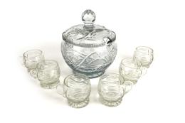 69 - PONCHERA Y SEIS TAZAS EN CRISTAL DE MEDIADOS DEL S.XX