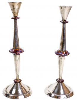 736 - PAREJA DE  CANDELEROS EN PLATA Y ESMALTE