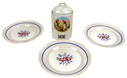795 - TRES PLATOS Y TARRO EN PORCELANA Y CERAMICA