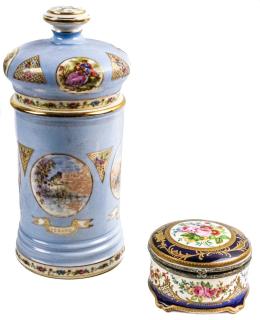 494 - TARRO DE FARMÁCIA Y CAJA DE PORCELANA DE MEDIADOS S.XX