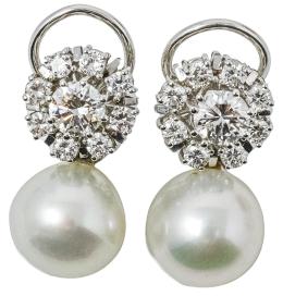 121 - PENDIENTES ROSETONES DE BRILLANTES CON PERLA AUSTRALIANA