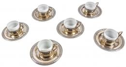 756 - CONJUNTO DE SEIS TAZAS CON PLATO Y PINZAS PRIMER CUARTO S.XX