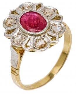 190 - SORTIJA ROSETÓN CON RUBÍ Y DIAMANTES DE PPS. DEL S.XX