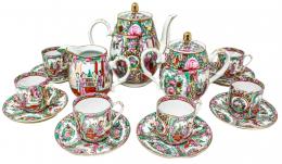 407 - JUEGO DE TE CHINO DE PORCELANA DE CANTÓN DEL ÚLTIMO TERCIO 