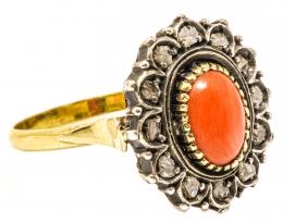 182 - SORTIJA CON CORAL Y DIAMANTES DEL S.XIX