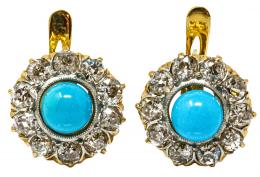 210 - PENDIENTES CON TURQUESA Y BRILLANTES DE PPS. DEL S.XX