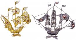 734 - DOS CARAVELAS EN PLATA Y METAL DE MEDIADOS DEL S.XX