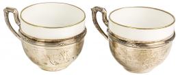 757 - PAREJA DE TAZAS DE PLATA CON POCILLO DE PORCELANA