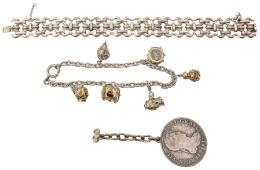 195  -  DOS PULSERAS Y COLGANTE CON MONEDA
