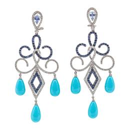 129  -  PENDIENTES CHANDELIERE CON BRILLANTES Y TURQUESAS
