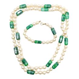 190 - COLLAR Y PULSERA DE PERLAS CULTIVADAS Y ÁGATA VERDE