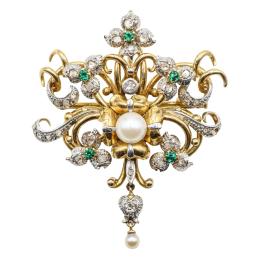 88  -  BROCHE COLGANTE CON DIAMANTES Y PERLAS, AÑOS 40