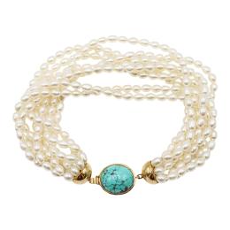 205 - PULSERA CON PERLAS Y TURQUESA, AÑOS 60