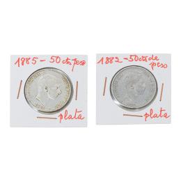 472 - DOS MONEDAS DE 50 CÉNTIMOS DE PESO DE PLATA DE ALFONSO XII