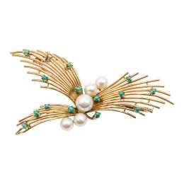 152 - BROCHE CON PERLAS, TURQUESAS Y CRISOPRASAS