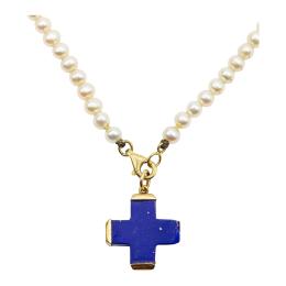 105 - COLLAR DE PERLAS CON CRUZ COLGANTE DE LAPISLÁZULI