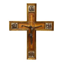 979 - CRUZ DE MADERA CON BRONCE Y ESMALTES AÑOS 70