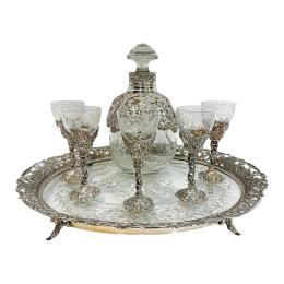 30 - CONJUNTO LICORERO EN CRISTAL Y PLATA DEL PRIMER TERCIO S.XX