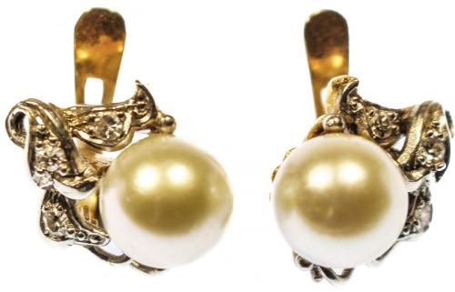 PENDIENTES CON PERLA Y BRILLANTES MED. S. XX