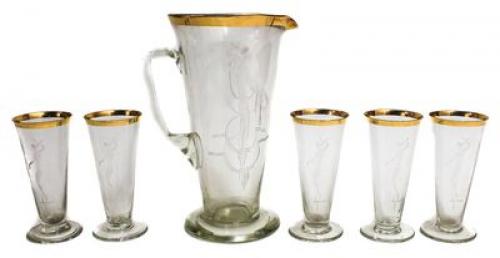 JARRA Y CINCO VASOS DE CRISTAL