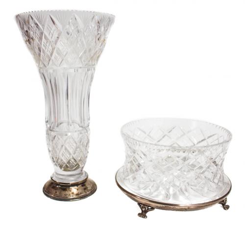 JARRÓN FLORERO Y JARDINERA DE MESA EN CRISTAL Y PLATA