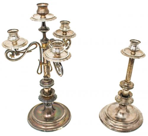 CANDELABRO Y CANDELERO DE PLATA DE FINALES DEL S. XIX