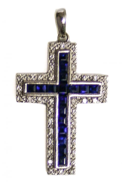 CRUZ COLGANTE CON ZAFIROS Y BRILLANTES
