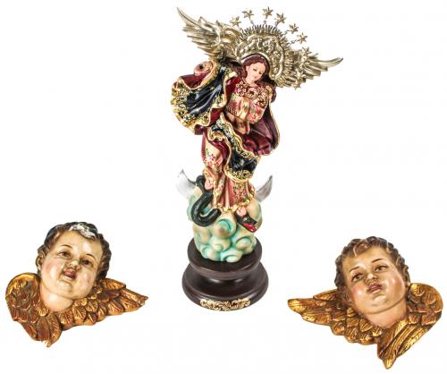 VIRGEN DE ESTUCO POLICROMADO Y DOS ANGELOTES