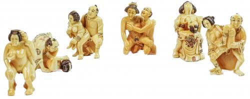 CONJUNTO DE SEIS FIGURAS ERÓTICAS EN MARFIL DE MORSA