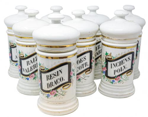 CONJUNTO DE 8 TARROS DE FARMACIA DE MEDIADOS S.XIX