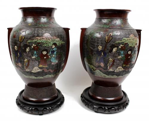 PAREJA DE JARRONES EN BRONCE Y CLOISONÉ