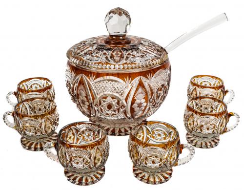 CONJUNTO PONCHERA Y TAZAS EN CRISTAL TALLADO