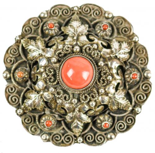 BROCHE DE PLATA Y CORAL
