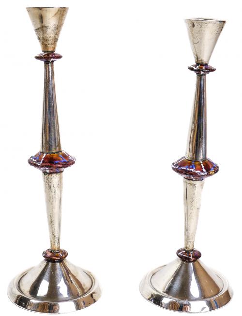 PAREJA DE  CANDELEROS EN PLATA Y ESMALTE