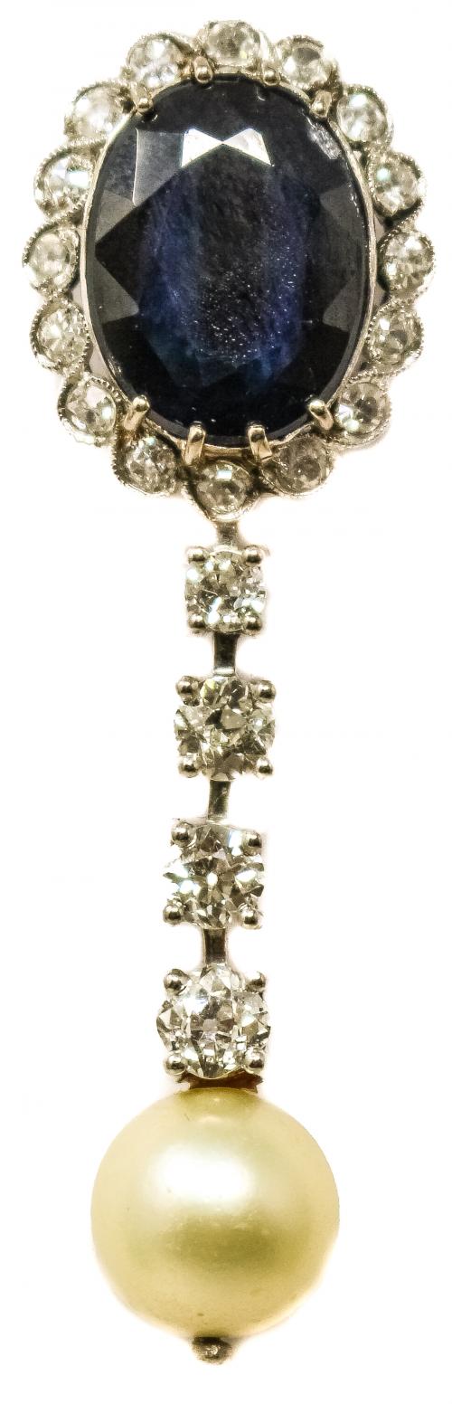 ALFILER CON ZAFIRO. DIAMANTES Y PERLA