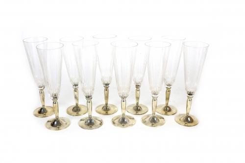 CONJUNTO DE 10 COPAS DE CAVA EN CRISTAL Y PLATA
