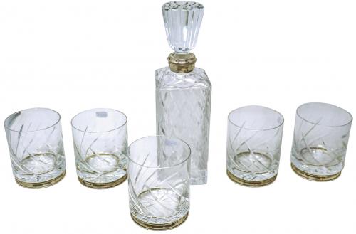 BOTELLA CON CINCO VASOS DE CRISTAL Y PLATA