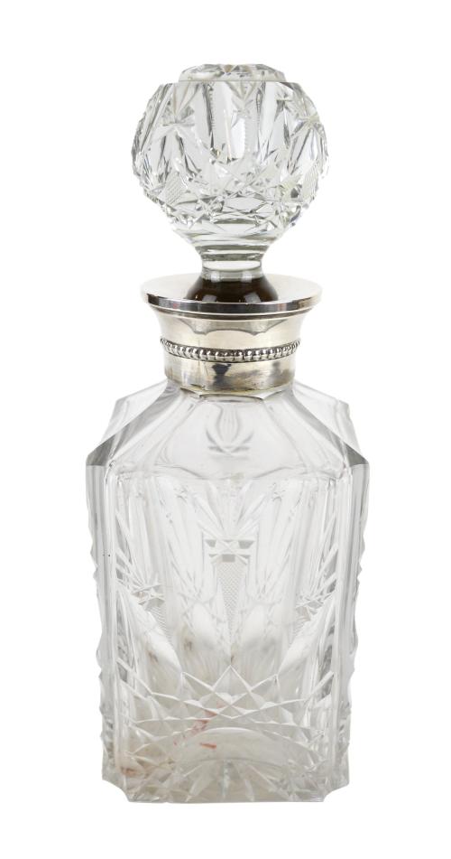BOTELLA LICORERA EN CRISTAL Y PLATA DE MEDIADOS DEL S.XX