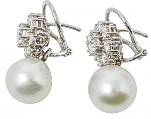PENDIENTES ROSETONES DE BRILLANTES CON PERLA AUSTRALIANA