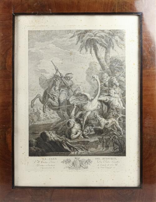LITOGRAFÍA DE LA CAZA DEL AVESTRUZ DEL S.XIX