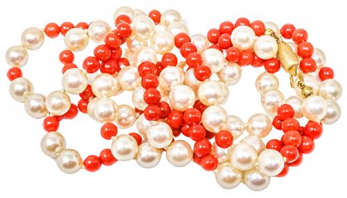 COLLAR LARGO CON  PERLAS Y CORAL DE MEDIADOS S.XX