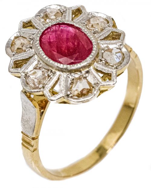 SORTIJA ROSETÓN CON RUBÍ Y DIAMANTES DE PPS. DEL S.XX