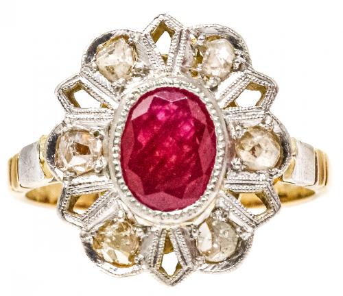 SORTIJA ROSETÓN CON RUBÍ Y DIAMANTES DE PPS. DEL S.XX