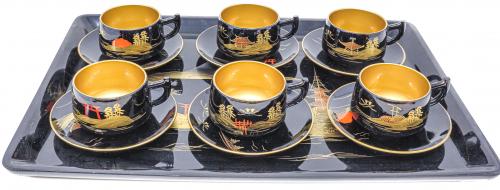 JUEGO DE SEIS TAZAS Y BANDEJA EN MADERA LACADA