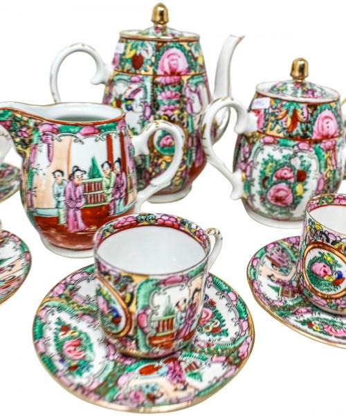 JUEGO DE TE CHINO DE PORCELANA DE CANTÓN DEL ÚLTIMO TERCIO 