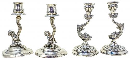 DOS PAREJAS DE CANDELEROS EN PLATA DE LA SEGUNDA MITAD S.XX